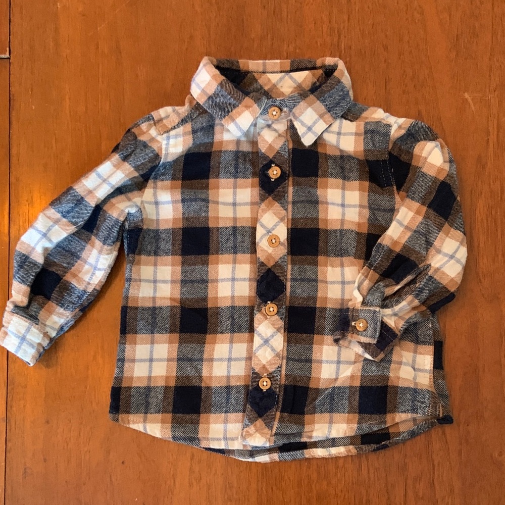 🍊5/$25 Tommy Bahama Blue and Tan Plaid Kids Button Down Shirt size 9-12m